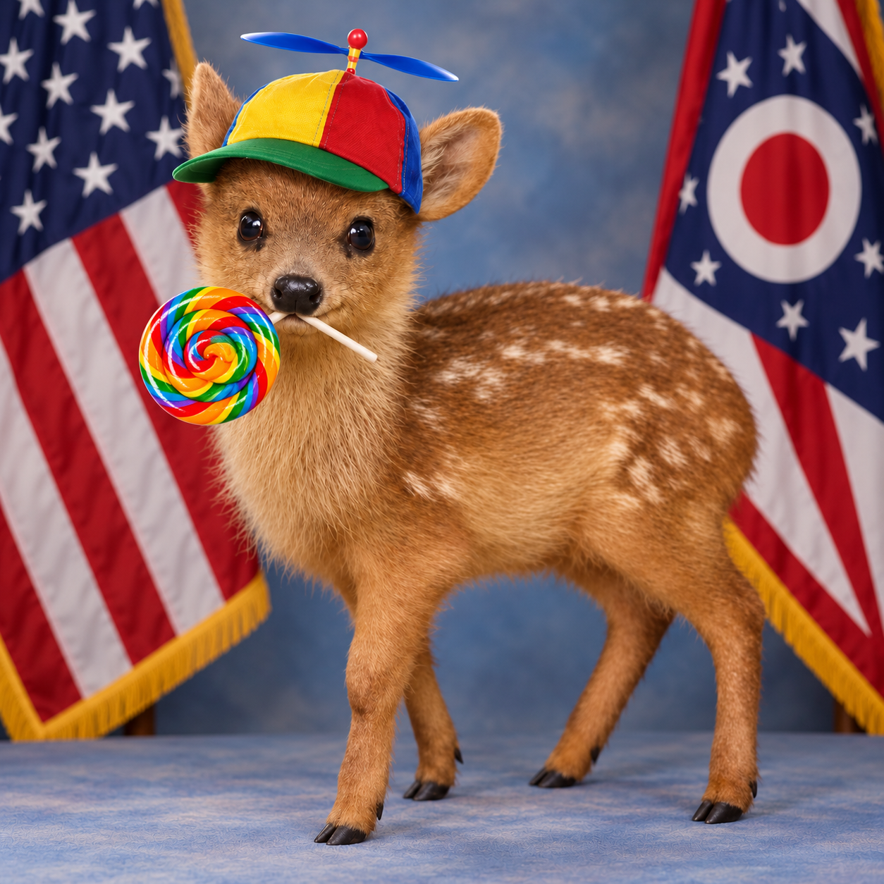 Pwease Deer the baby deer wearing a propeller cap and holding a rainbow lollipop in front of US and Ohio flags